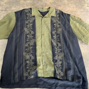 Tommy Bahama Button Down Mens XXL Green Black Floral Loop Collar Embroidered